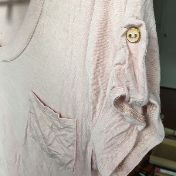 Light Pink V Neck T-shirt Button Sleeves Top Rose - Picture 3 of 5